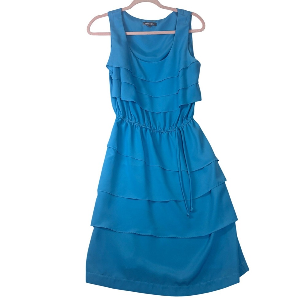 Roz & Ali Dress Women 8 Blue Tiered Ruffle Sleeveless Knee Length Elastic Waist